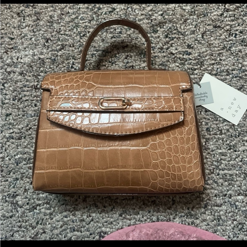 Tan Crocodile-Embossed Handbag (Shoulder Strap Included)